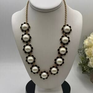 Kate Spade Taking Shapes Faux Cabochon‎ White Pearl Black Enamel Flower Necklace
